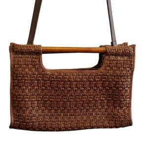 Fossil Brown Straw Rattan Woven Bohemian Shoulder Bag Wooden Handles‎ 11 X 8